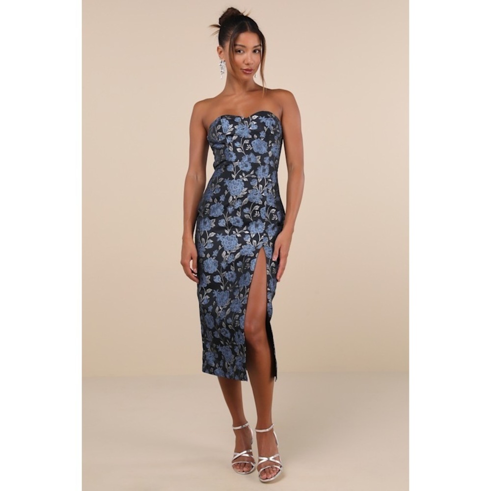 Lulus Beloved Belle Black Multi Jacquard Strapless Bow Midi Dress - Size M